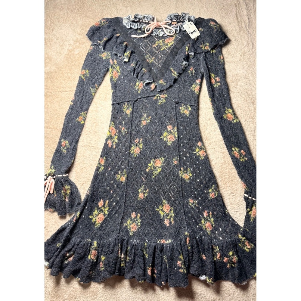 VTG Free People Rose Petal Ruffles Knit Dress XS Coquette Whimsigoth Fairycore